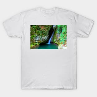 Scene from Sibillini Mountains with Cascata del Pellegrino waterfall, basin, rocks T-Shirt